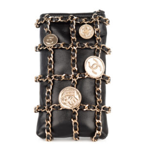 chanel coin medallion phone holder with brooches black lambskin gold hardware