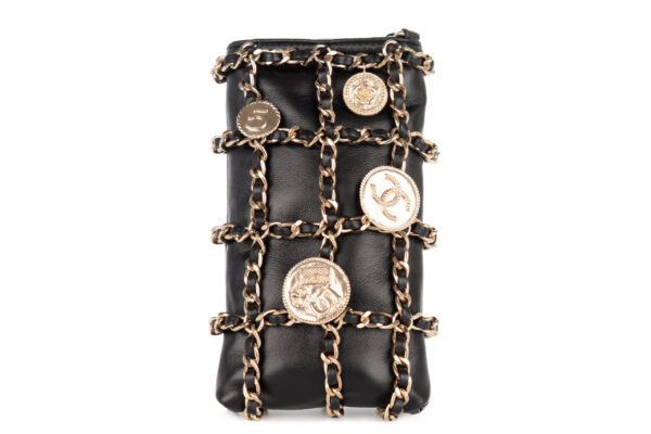 chanel coin medallion phone holder with brooches black lambskin gold hardware