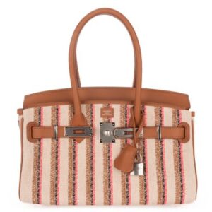 hermès birkin shoulder 29 light toile broderie rayures swift / toile palladium hardware