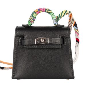 hermès kelly twilly charm noir / black tadelakt palladium hardware