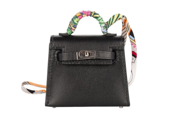 hermès kelly twilly charm noir / black tadelakt palladium hardware