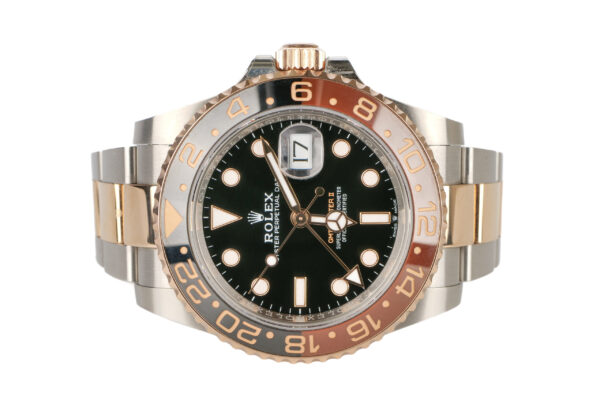 rolex gmt master ll 40 black dial rootbeer 18ct rose gold and steel 126711chnr